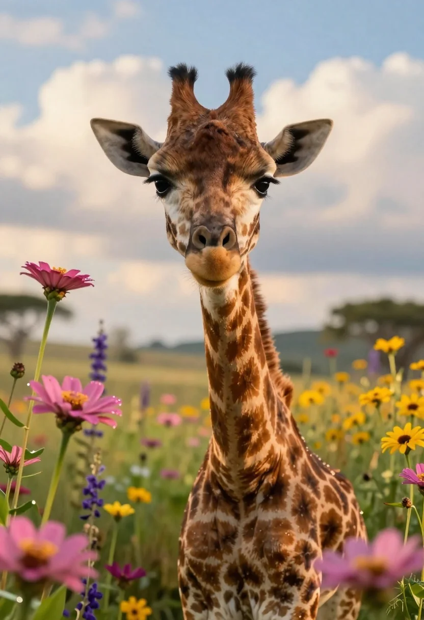Photorealistic portrait of a giraffe among wildflowers at golden hour - AI generated image prompt sample