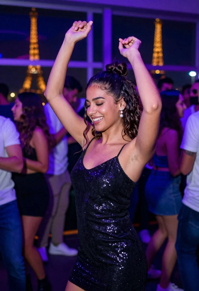 Joyful woman in black sequined dress dancing at a crowded nightclub party - AI generated image prompt sample