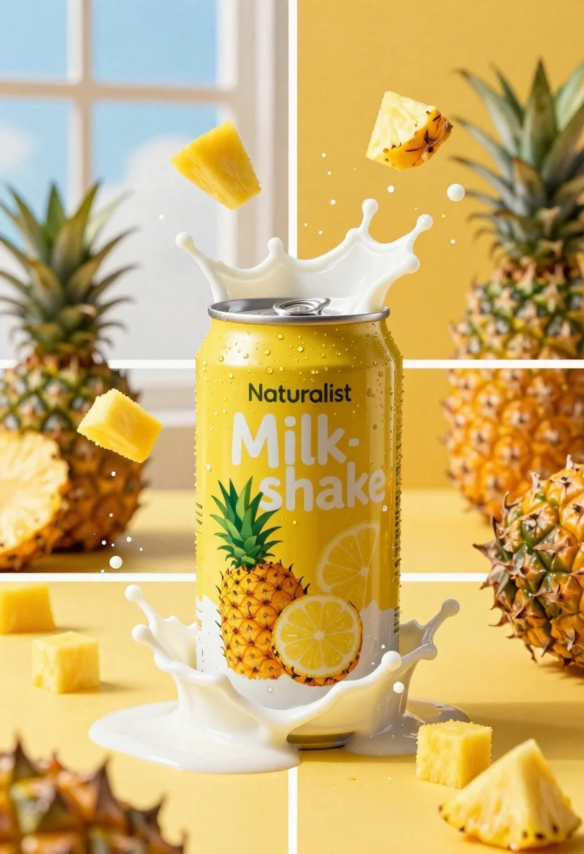 Close up of yellow beverage can exploding with milk and fruit chunks - AI generated image prompt sample