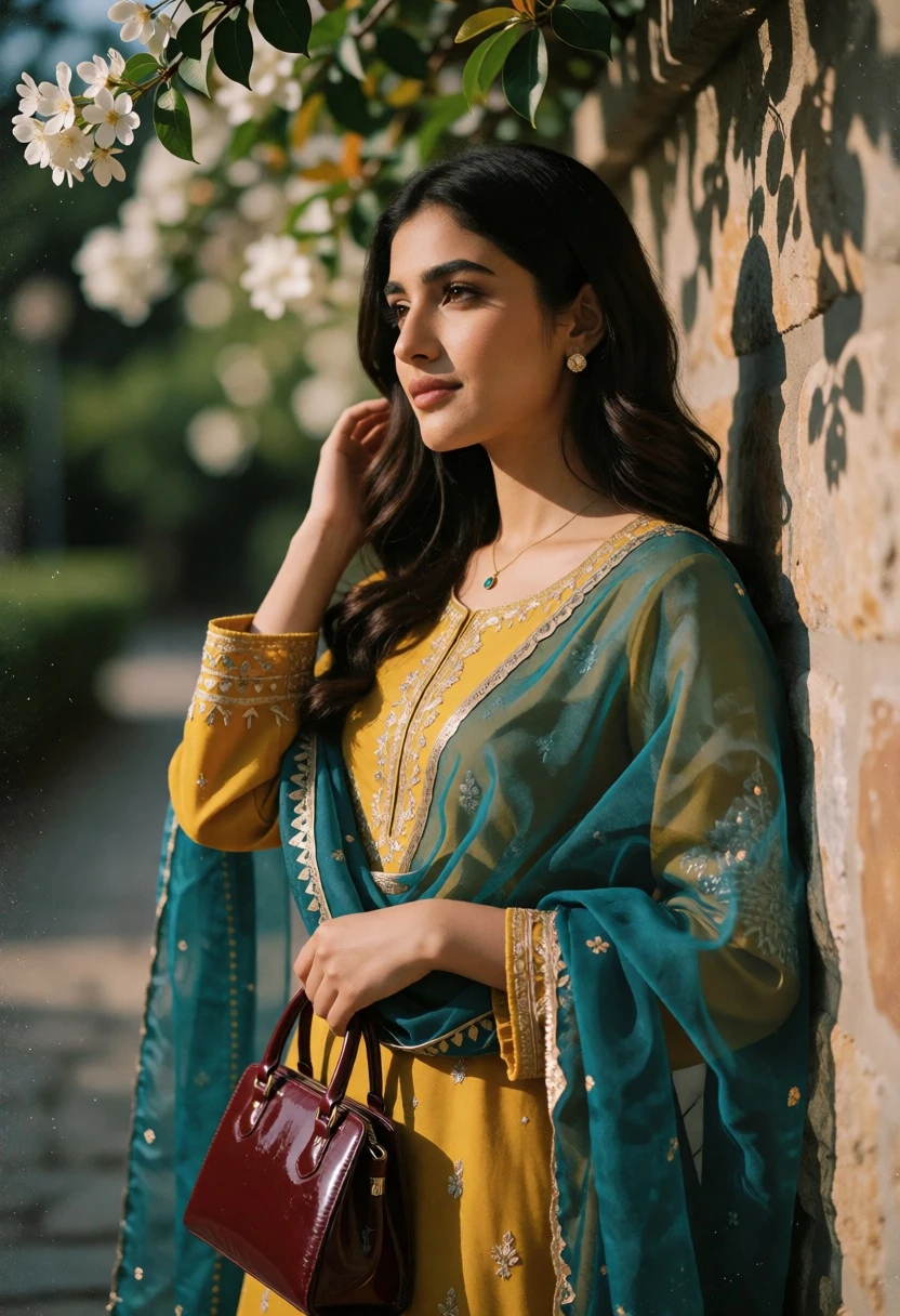 Young woman in mustard outfit against stone wall with floral background - AI generated image prompt sample