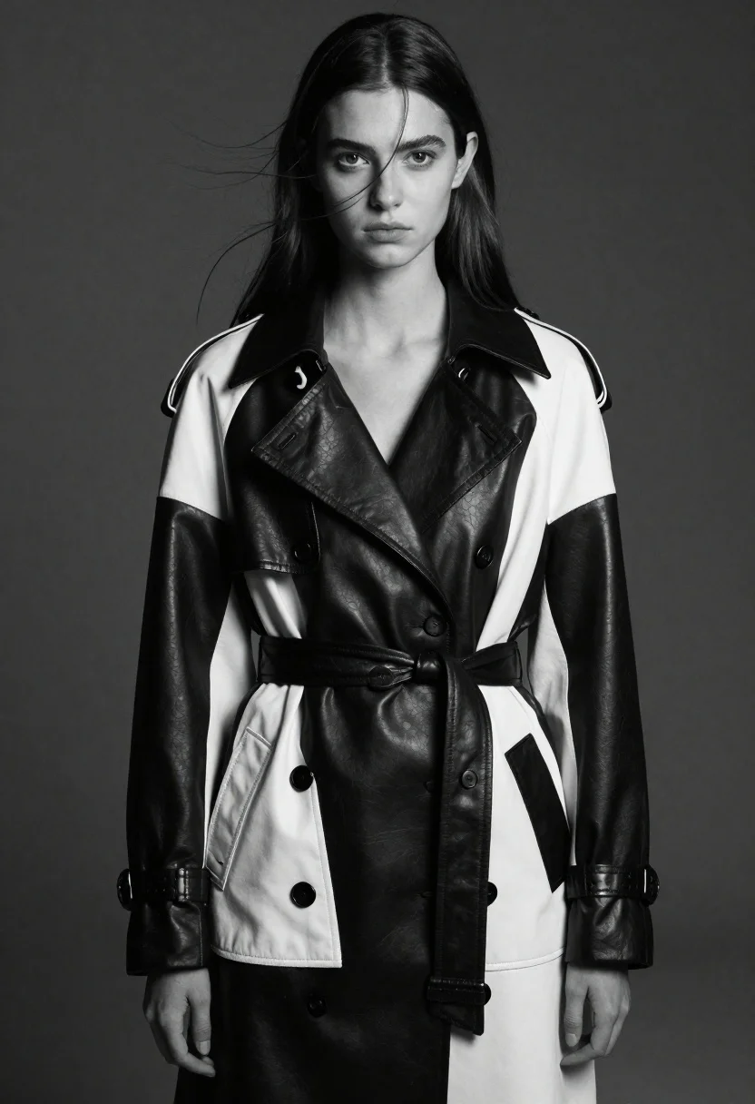 Black and white portrait of woman in geometric patchwork trench coat - AI generated image prompt sample