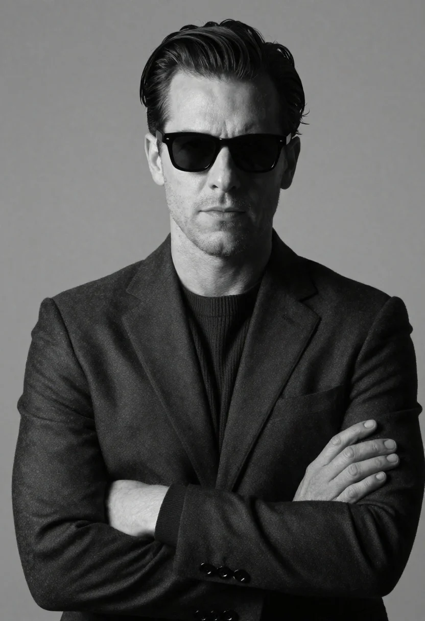 Black and white portrait of man in dark suit