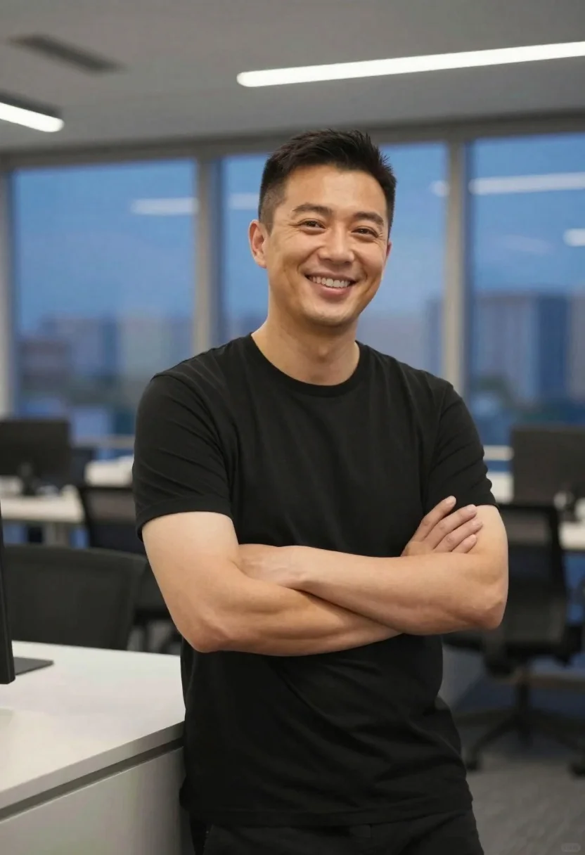 Smiling man in black tshirt in modern office at dusk