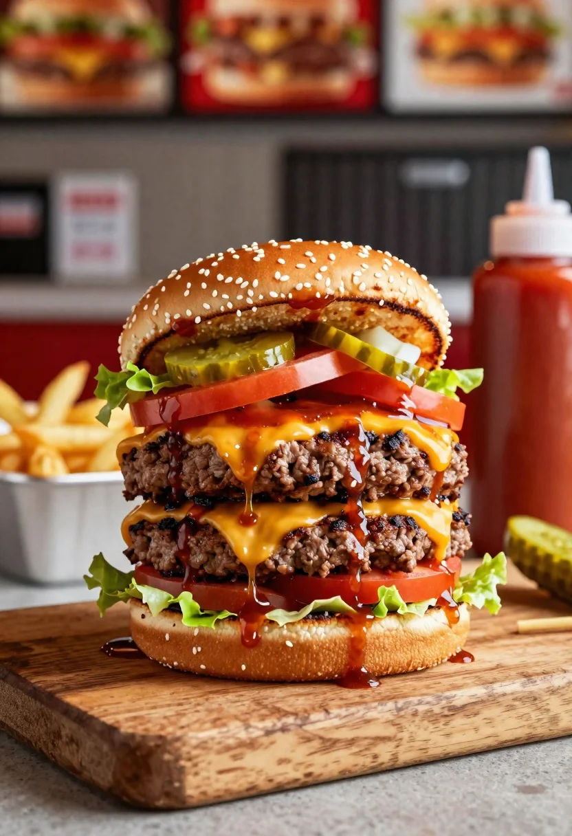 Close up of a juicy hamburger with melted cheese on a wooden