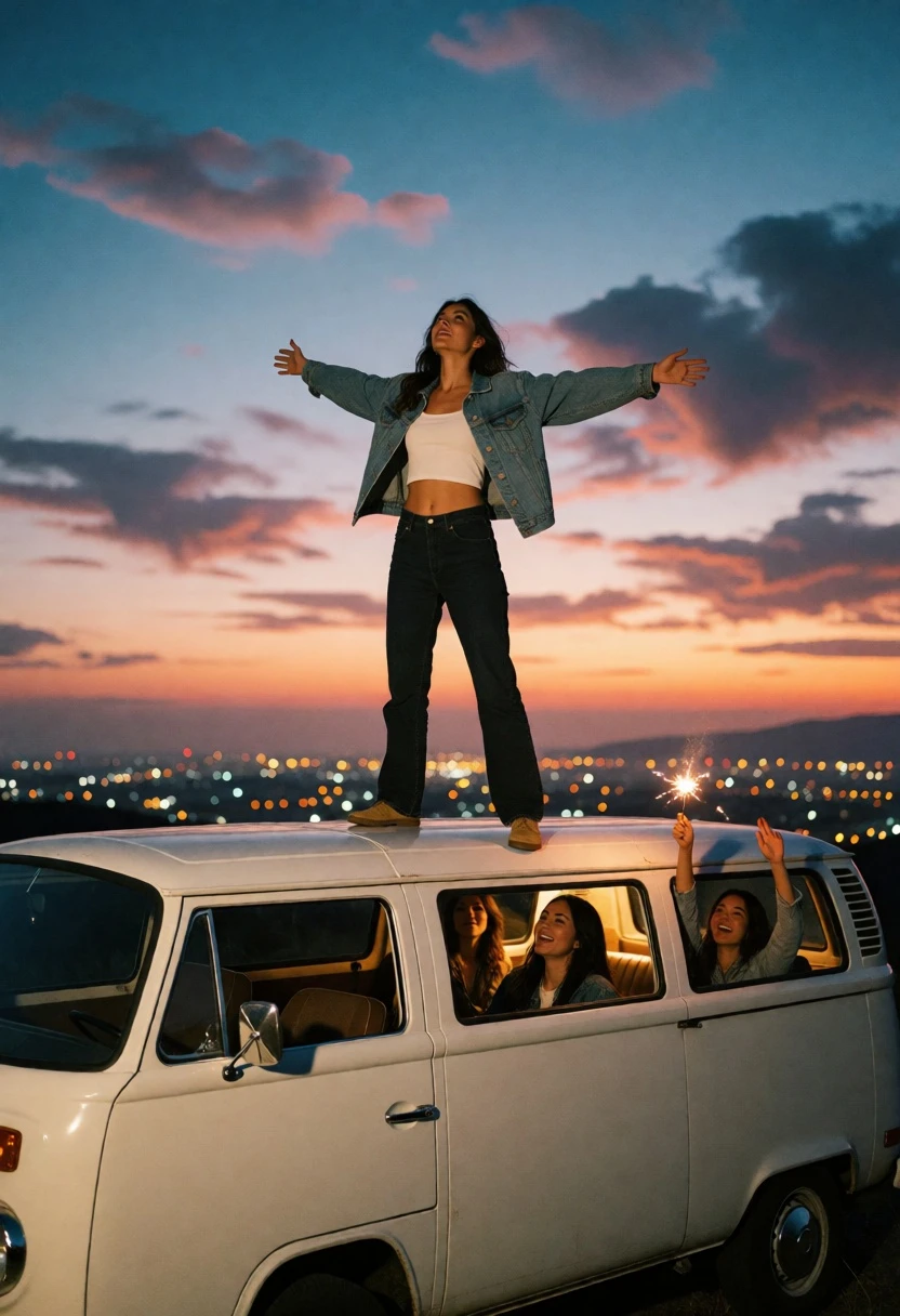 Young woman standing triumphantly on vintage white van against twilight cityscape - AI generated image prompt sample