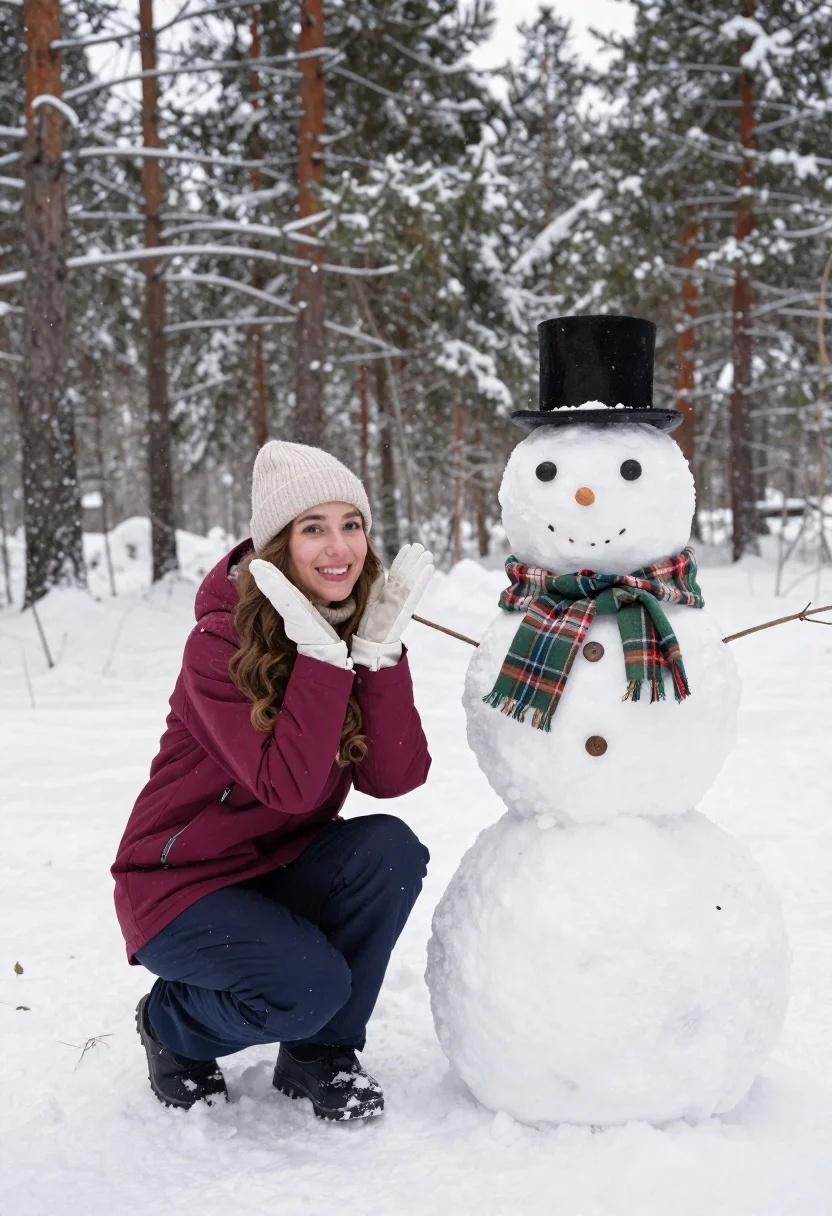 Smiling young woman crouching by decorated snowman in snowy forest - AI generated image prompt sample