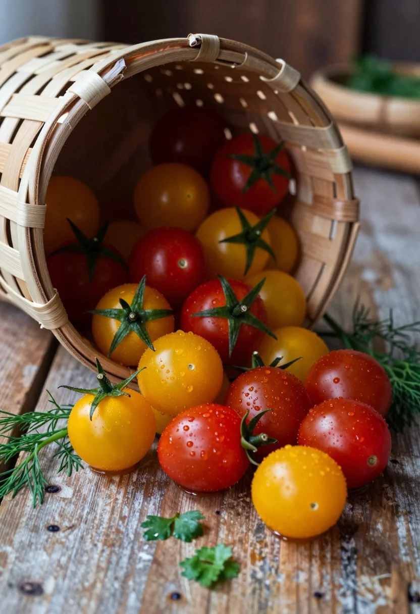 Close up of spilled cherry tomatoes and herbs from woven basket on - AI generated image prompt sample