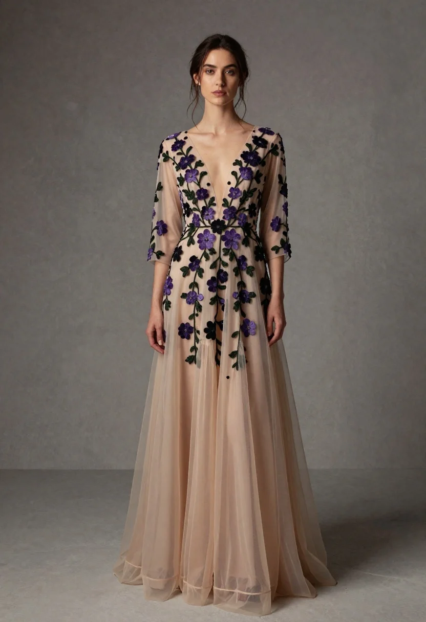 Full length portrait of woman in embroidered champagne evening gown - AI generated image prompt sample