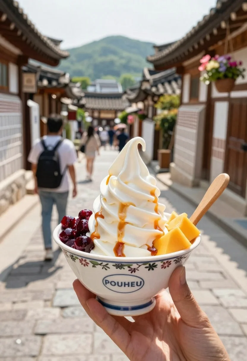 Hand holding soft serve in korean village alleyway - AI generated image prompt sample