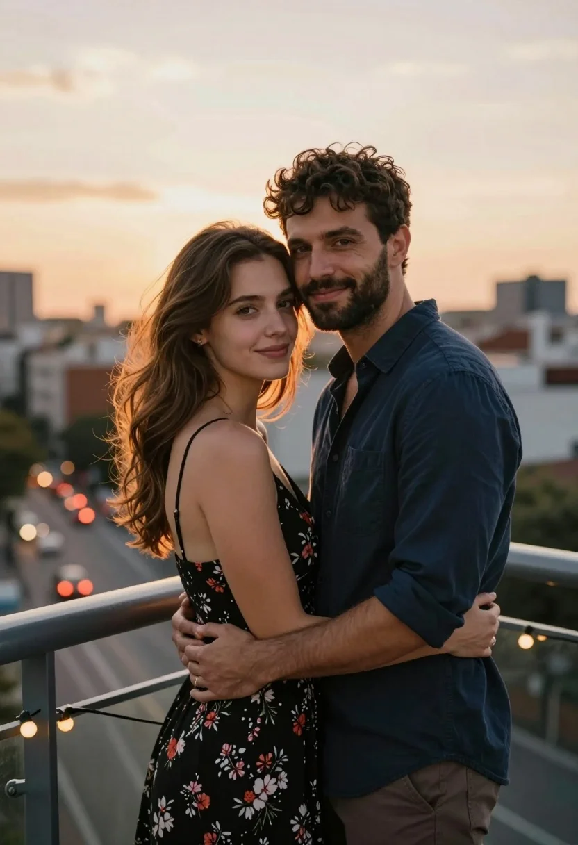 Romantic couple embracing on an urban balcony overlooking city at dusk - AI generated image prompt sample