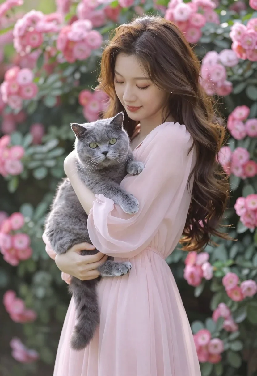Young woman in pale pink dress holding grey cat among pink roses - AI generated image prompt sample