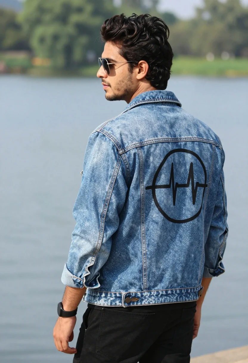 Handsome young man in denim jacket standing by blurred lake background - AI generated image prompt sample