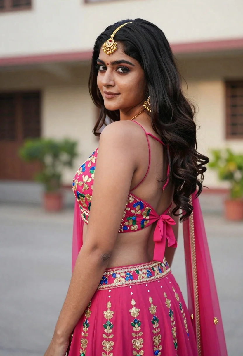 Young woman in pink lehenga looking back over shoulder in courtyard - AI generated image prompt sample