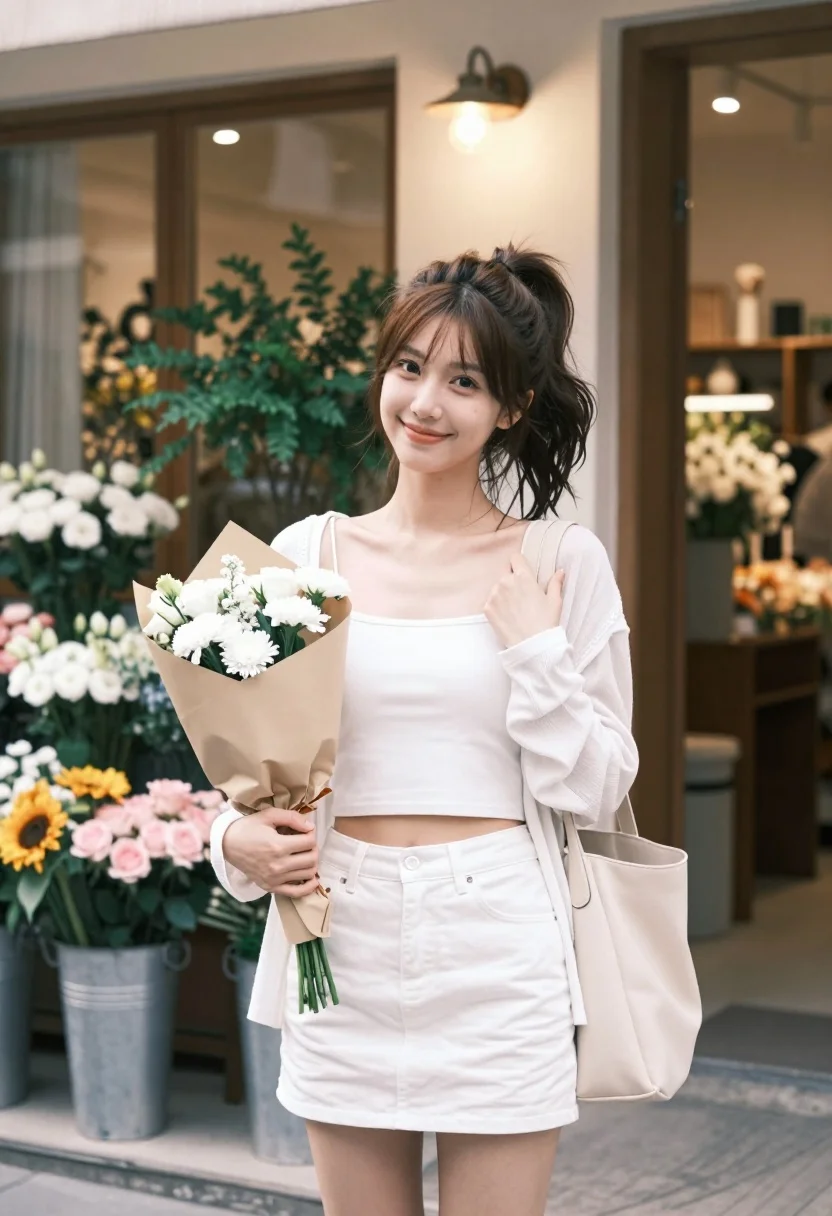 Young east asian woman smiling with white flowers on sidewalk near flower - AI generated image prompt sample