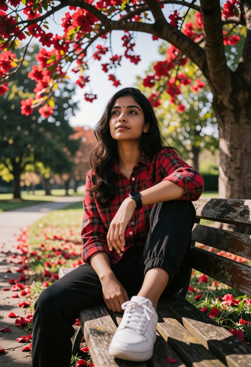 Young woman sitting on park bench under red blossoming tree in daylight - AI generated image prompt sample