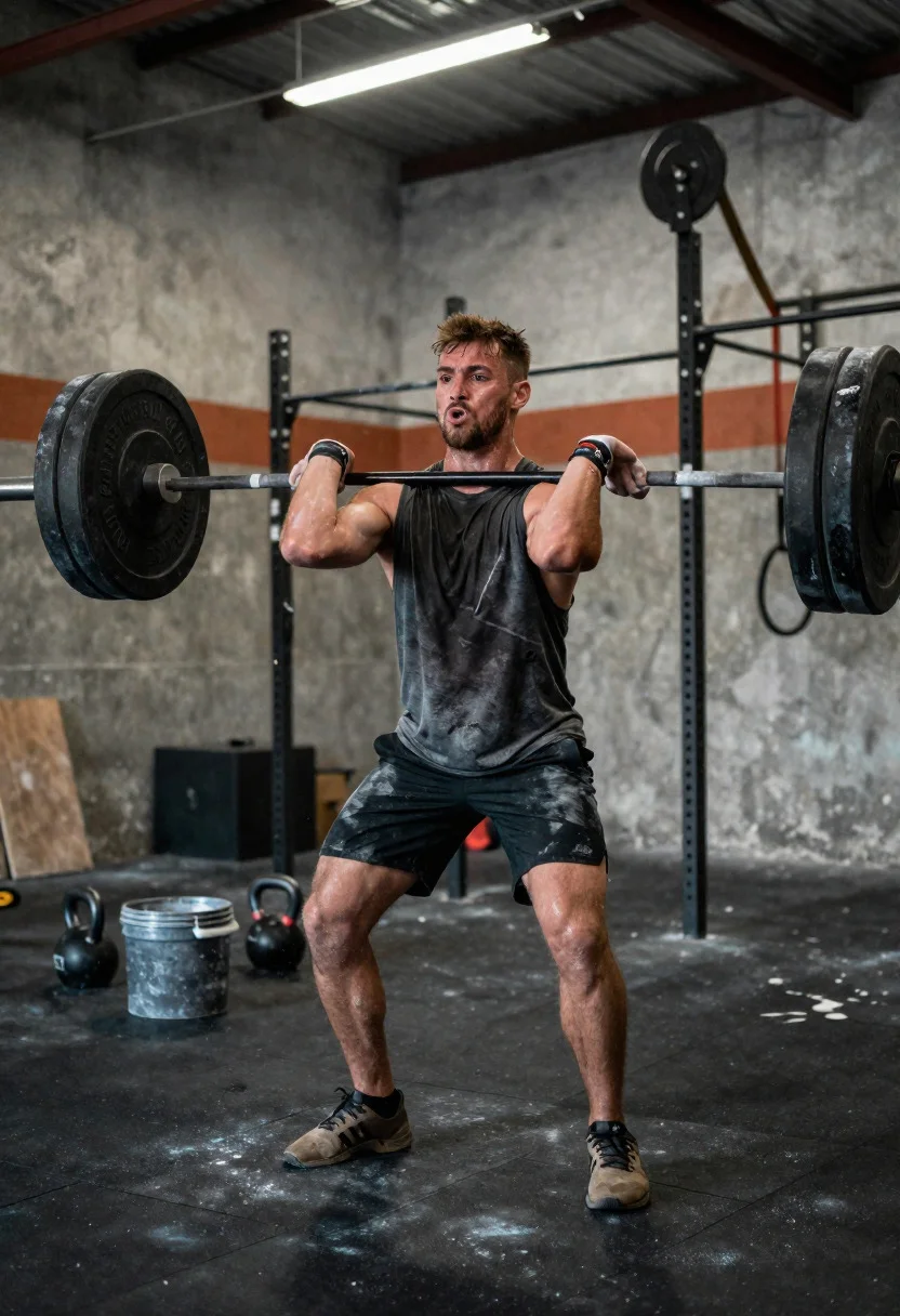 Low angle close shot of male athlete deadlifting in gritty gym