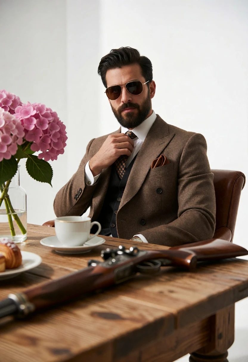 Man in suit adjusting tie at wooden table with hydrangeas and teacup - AI generated image prompt sample