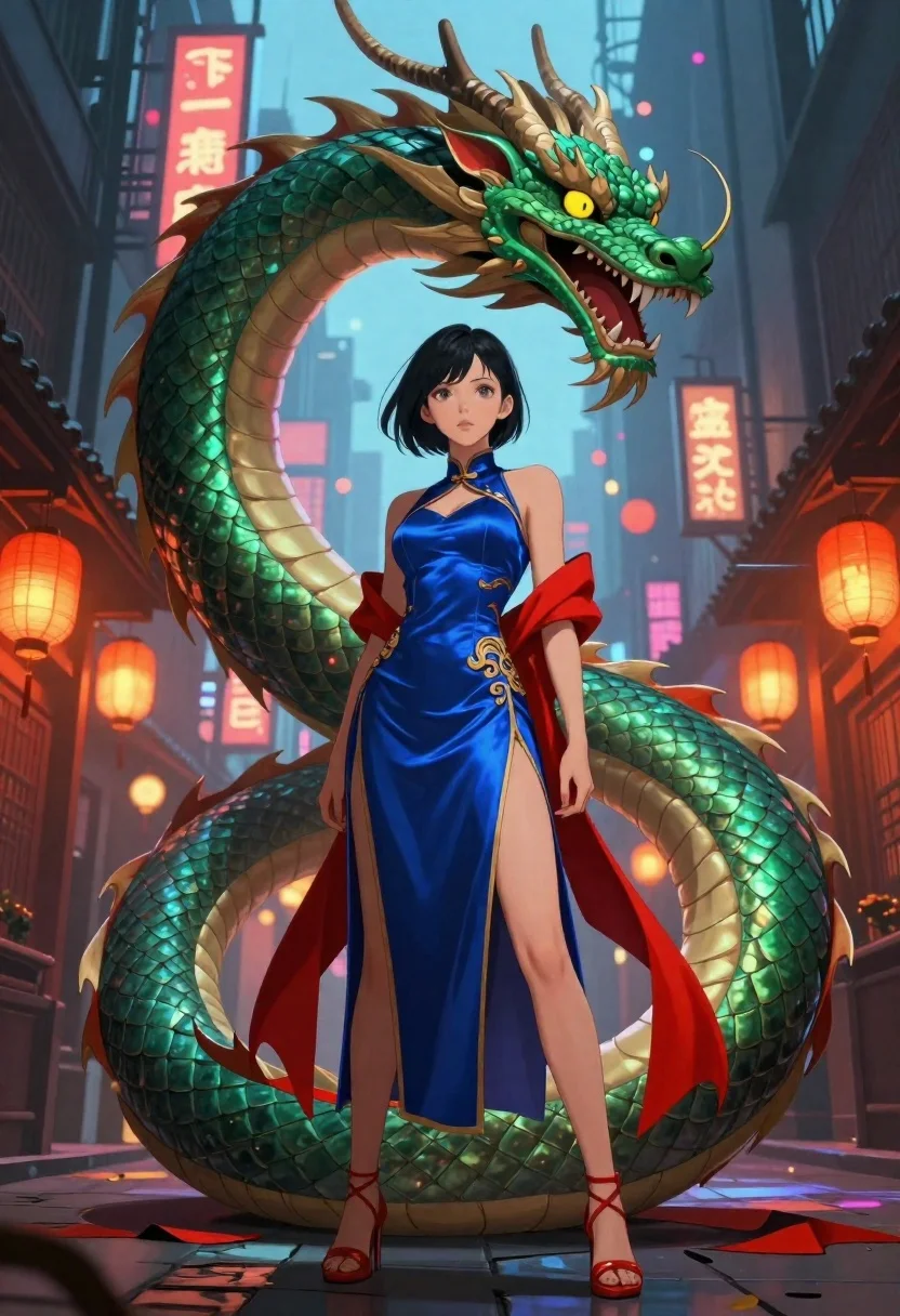 Anime woman with dragon in neon lit city alleyway - AI generated image prompt sample