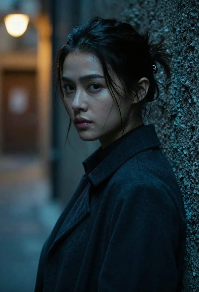 Young woman with dark hair looking over shoulder in alleyway - AI generated image prompt sample