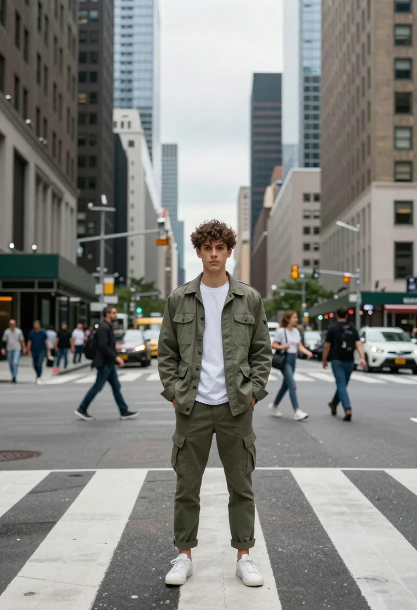 Young man in utility jacket standing at busy city crosswalk intersection - AI generated image prompt sample