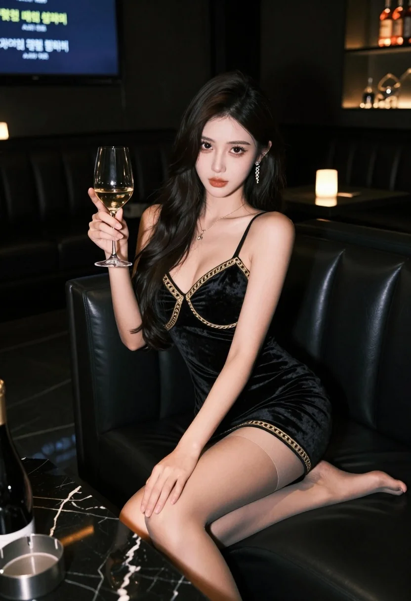 Woman in black velvet dress holding wine glass in luxury lounge setting - AI generated image prompt sample