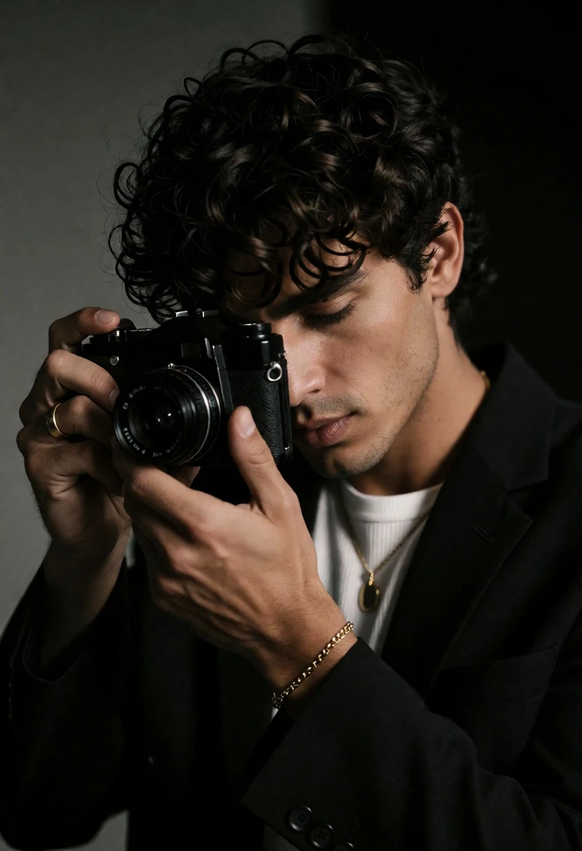 Close up portrait of man holding vintage camera in dimly lit room - AI generated image prompt sample
