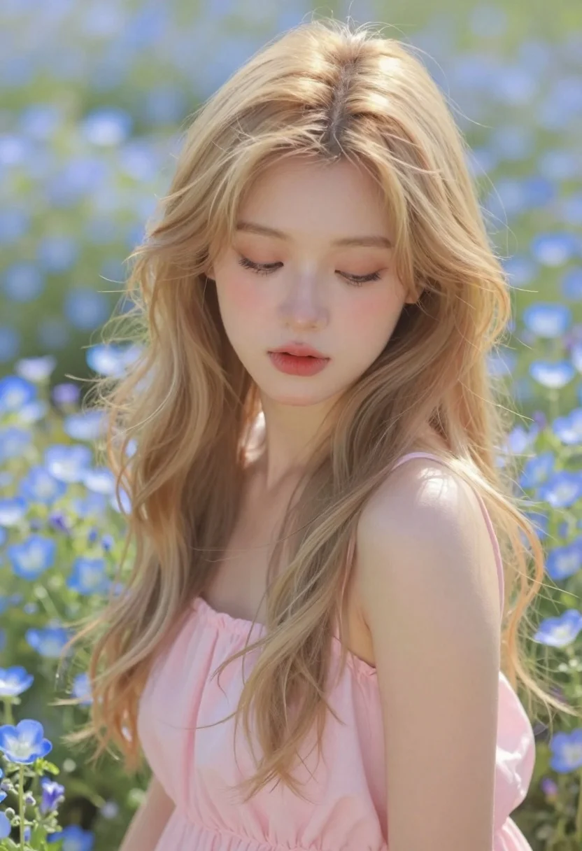 Impressionistic portrait of blonde woman in field of blue flowers - AI generated image prompt sample