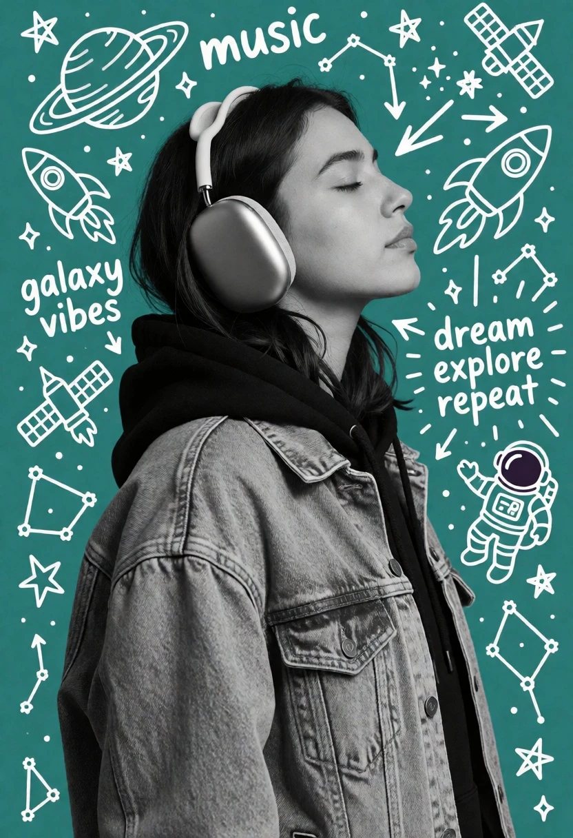 Young woman in headphones against teal doodle background with space art - AI generated image prompt sample