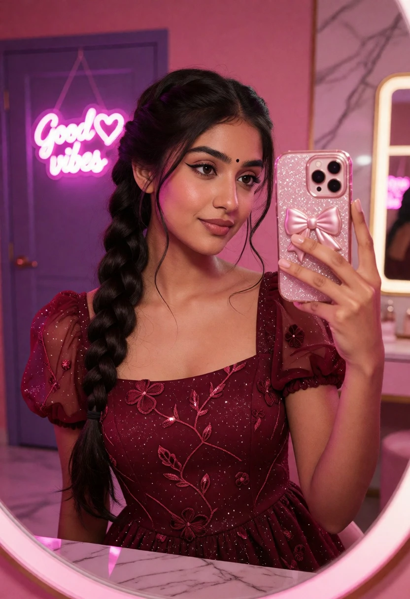 Young woman mirror selfie in stylish room with pink neon lighting - AI generated image prompt sample