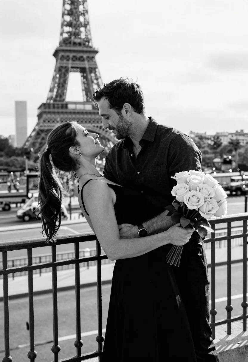 Man and woman embracing in front of eiffel tower on balcony - AI generated image prompt sample