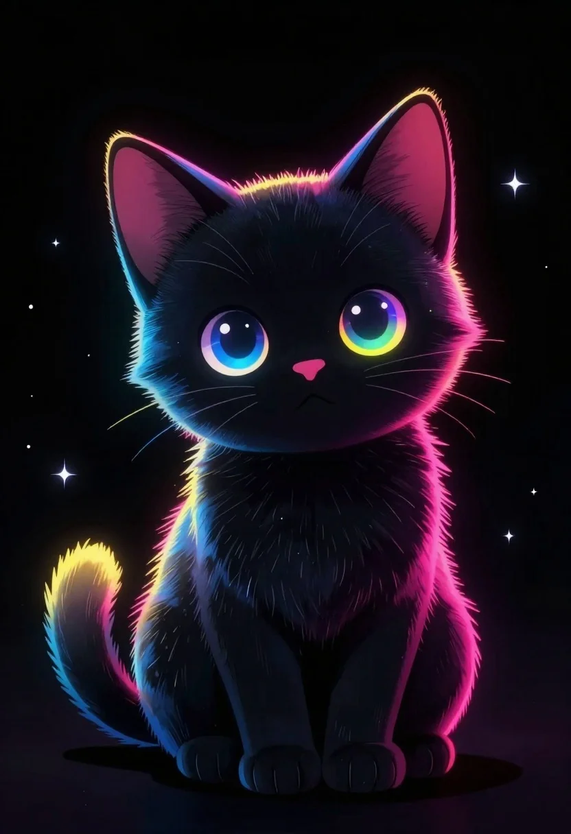 Black kitten with neon accents against dark void