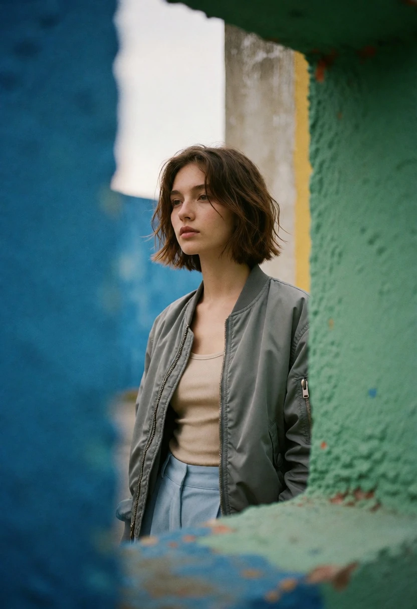 Young woman in grey jacket framed by colorful abstract architecture - AI generated image prompt sample
