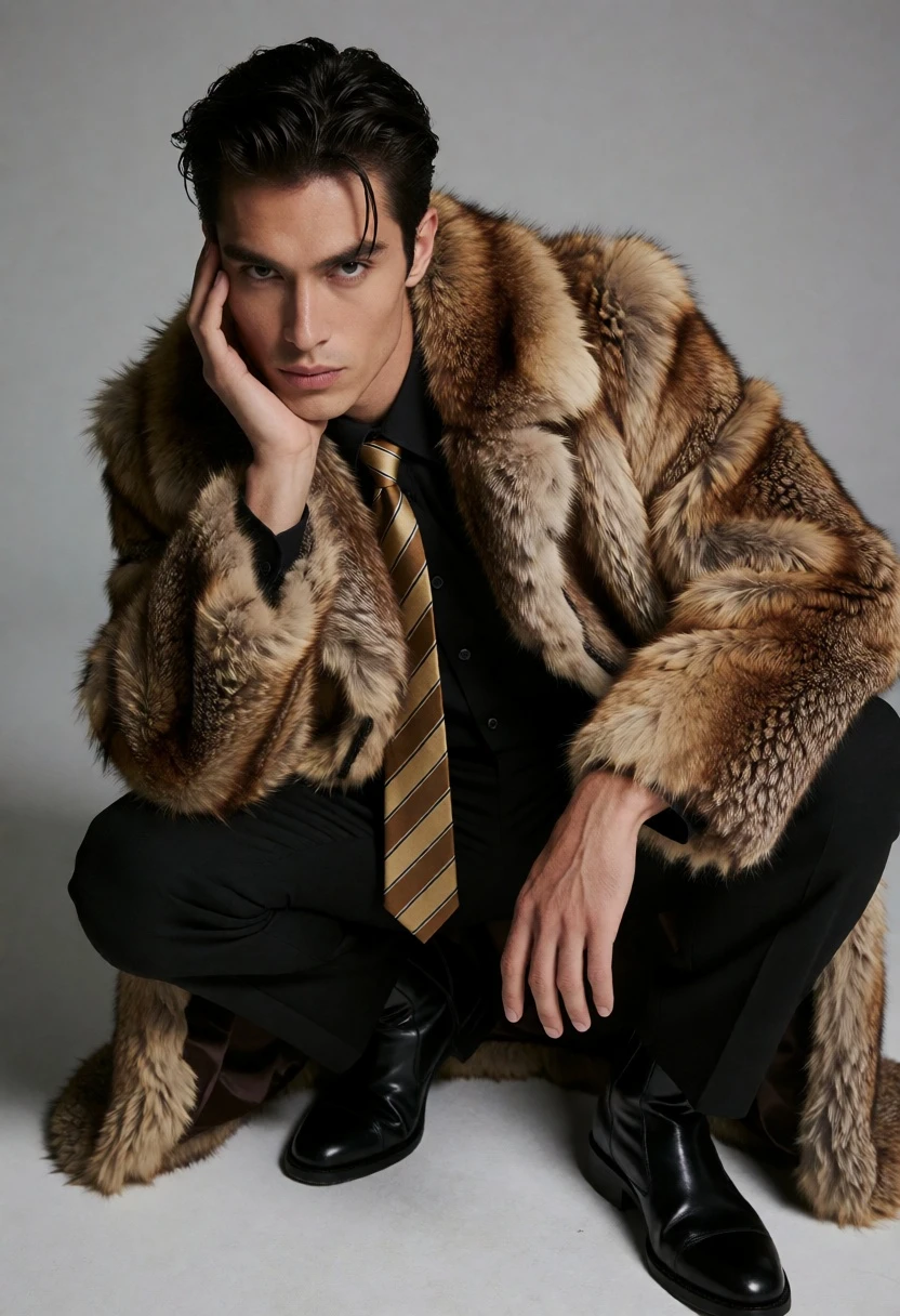 Man crouching in fur coat studio portrait with intense gaze - AI generated image prompt sample