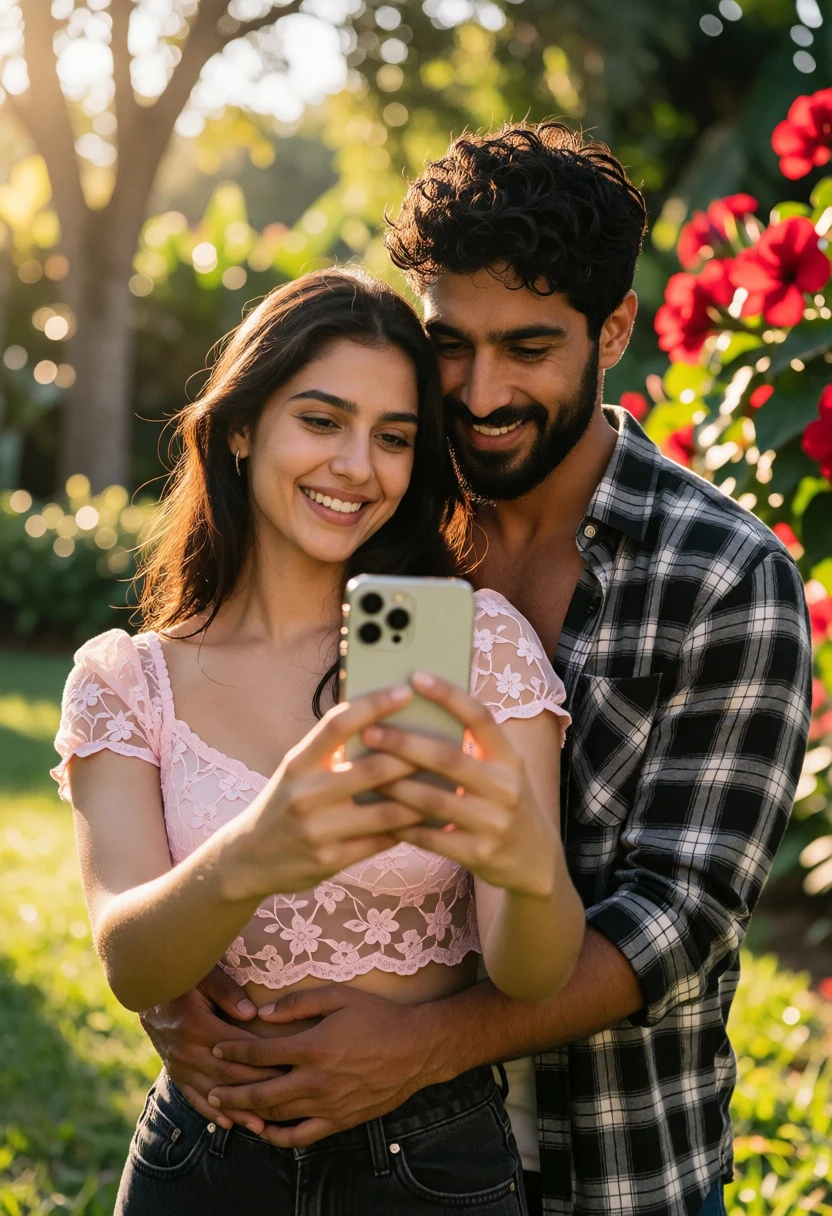 Romantic couple taking a selfie in a sunlit garden setting - AI generated image prompt sample