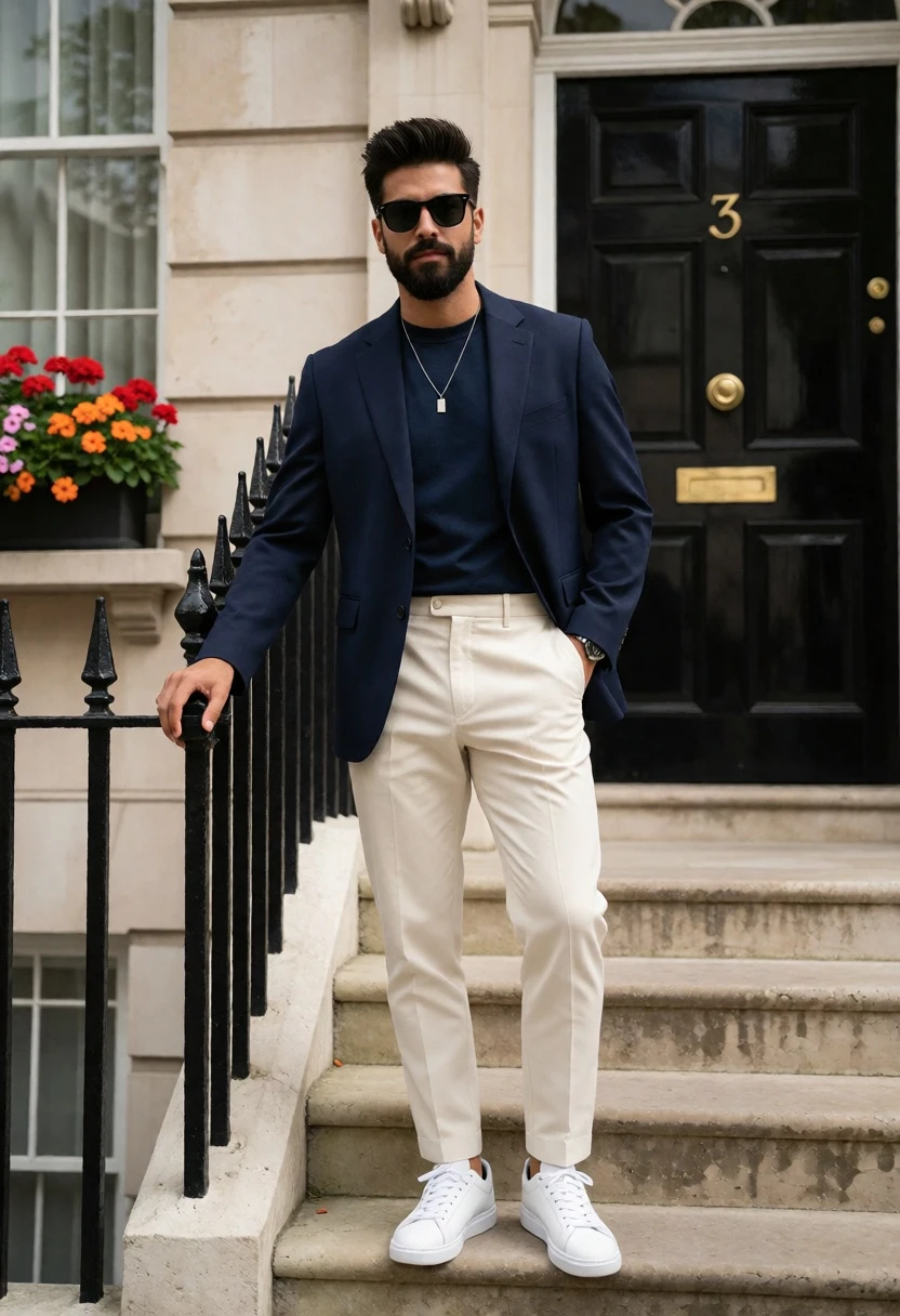 Stylish man in navy blazer standing at classic townhouse entrance steps - AI generated image prompt sample