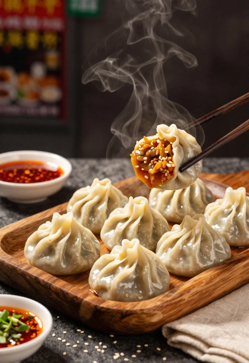 Close up view of steamed momos on rustic wooden tray with dipping