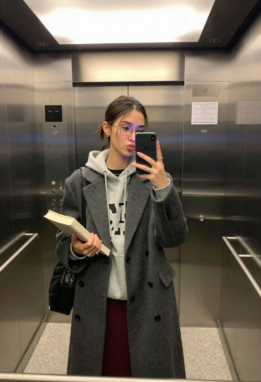 Young woman taking a mirror selfie in an elevator holding a book - AI generated image prompt sample