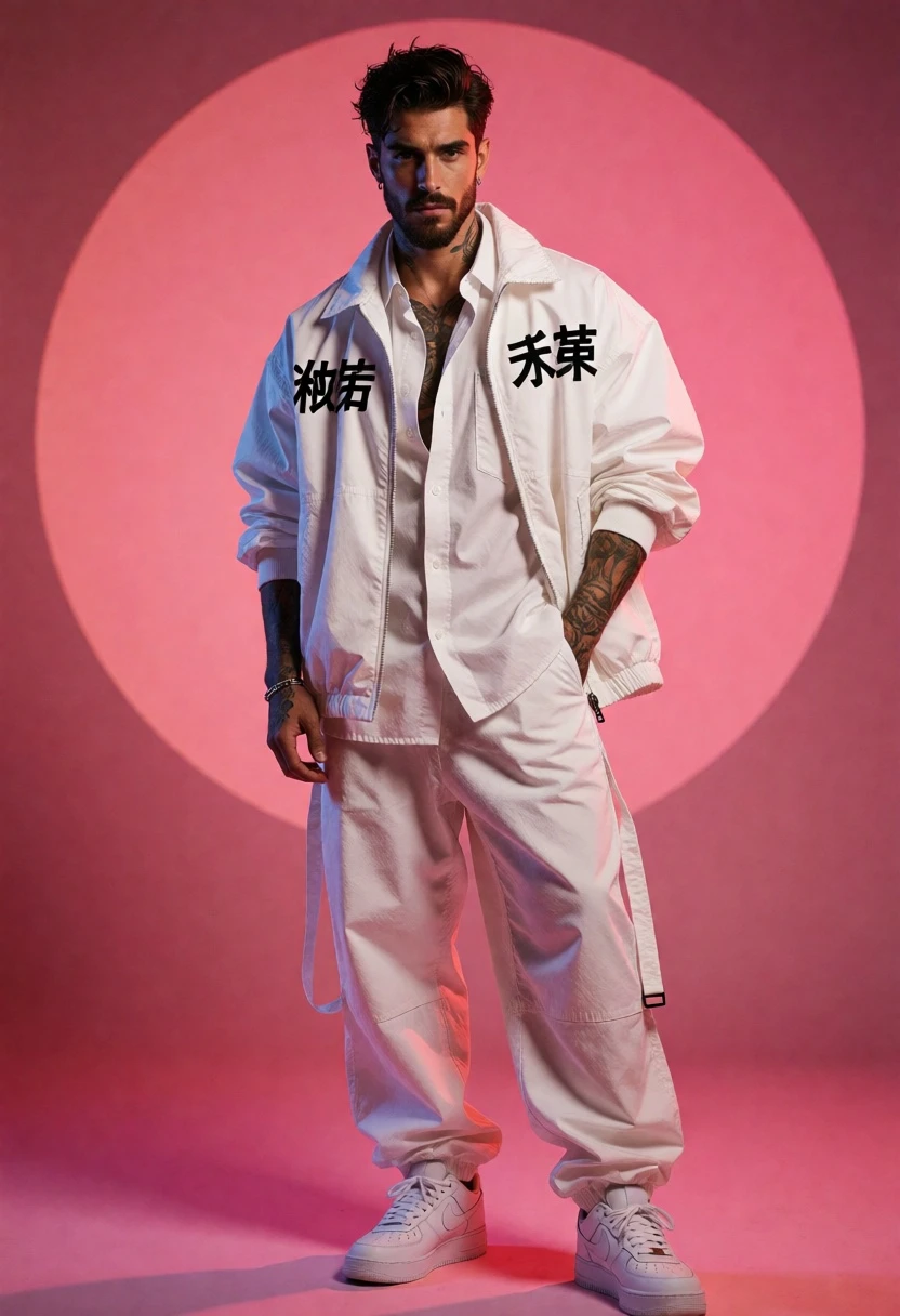 Full body portrait of stylish man in white jacket against pink circle - AI generated image prompt sample
