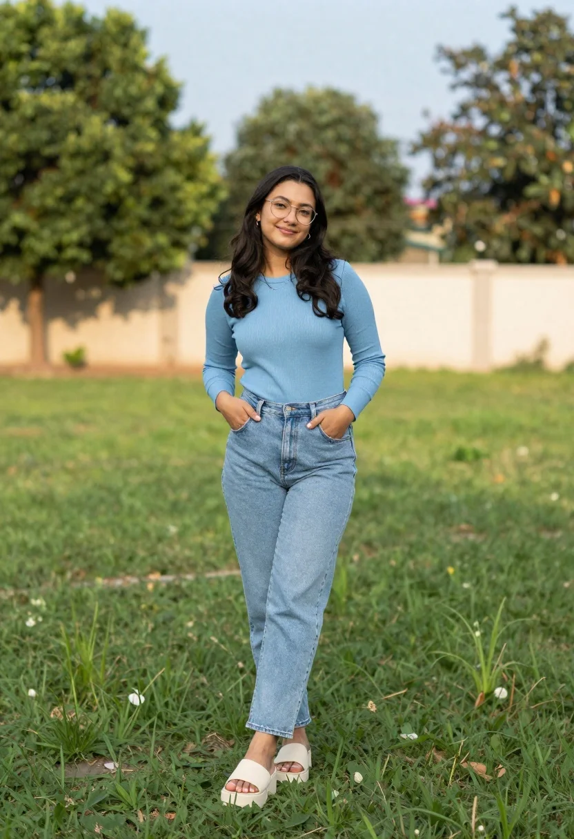 Young woman in blue top and jeans standing on green lawn