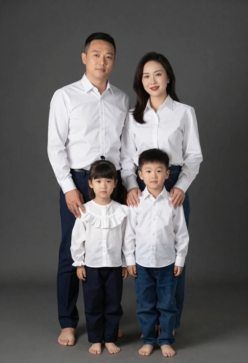 Professional studio family portrait against dark backdrop