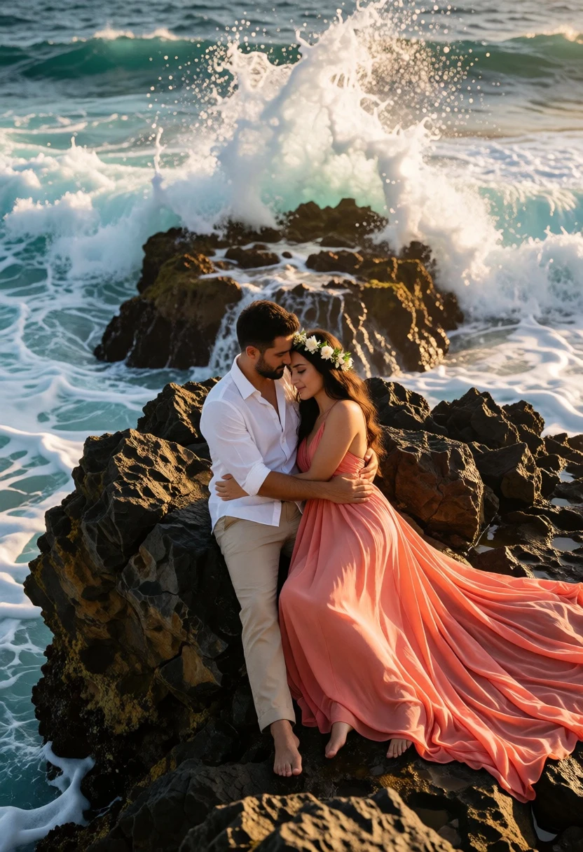 Romantic couple embracing on rugged coastal rocks during massive ocean wave crash - AI generated image prompt sample