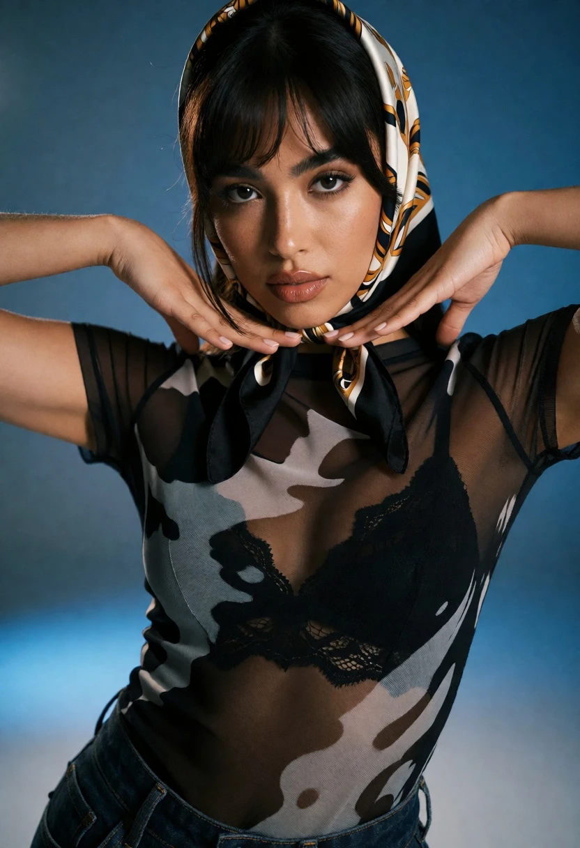 Young woman posing with hands framing neck against smooth blue studio backdrop - AI generated image prompt sample
