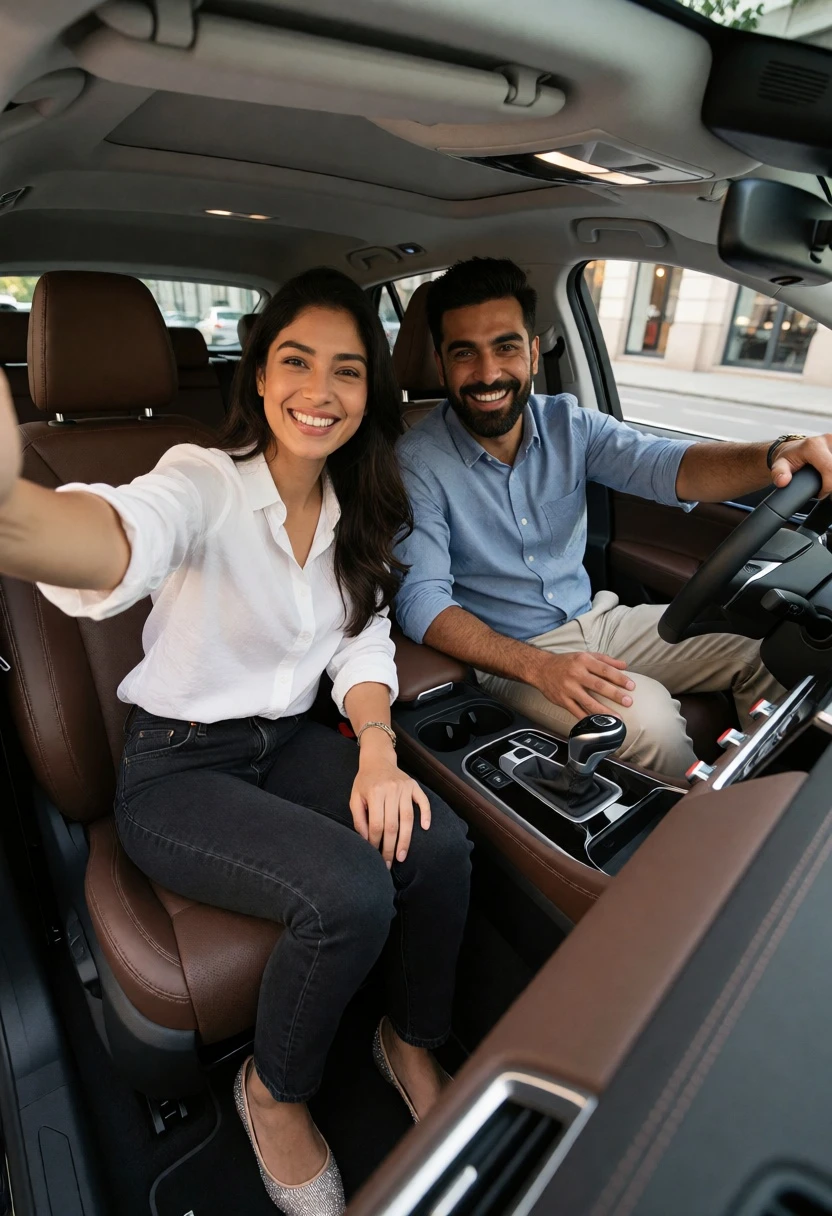 Smiling couple taking a selfie inside a modern car cabin - AI generated image prompt sample