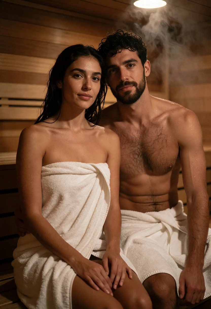 Couple sitting in wooden sauna with glistening sweat under warm ambient light - AI generated image prompt sample