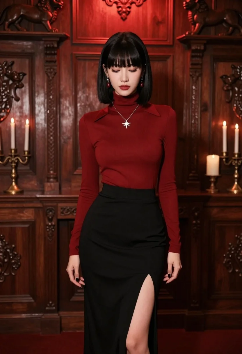 Woman in crimson top and black skirt in ornate room - AI generated image prompt sample