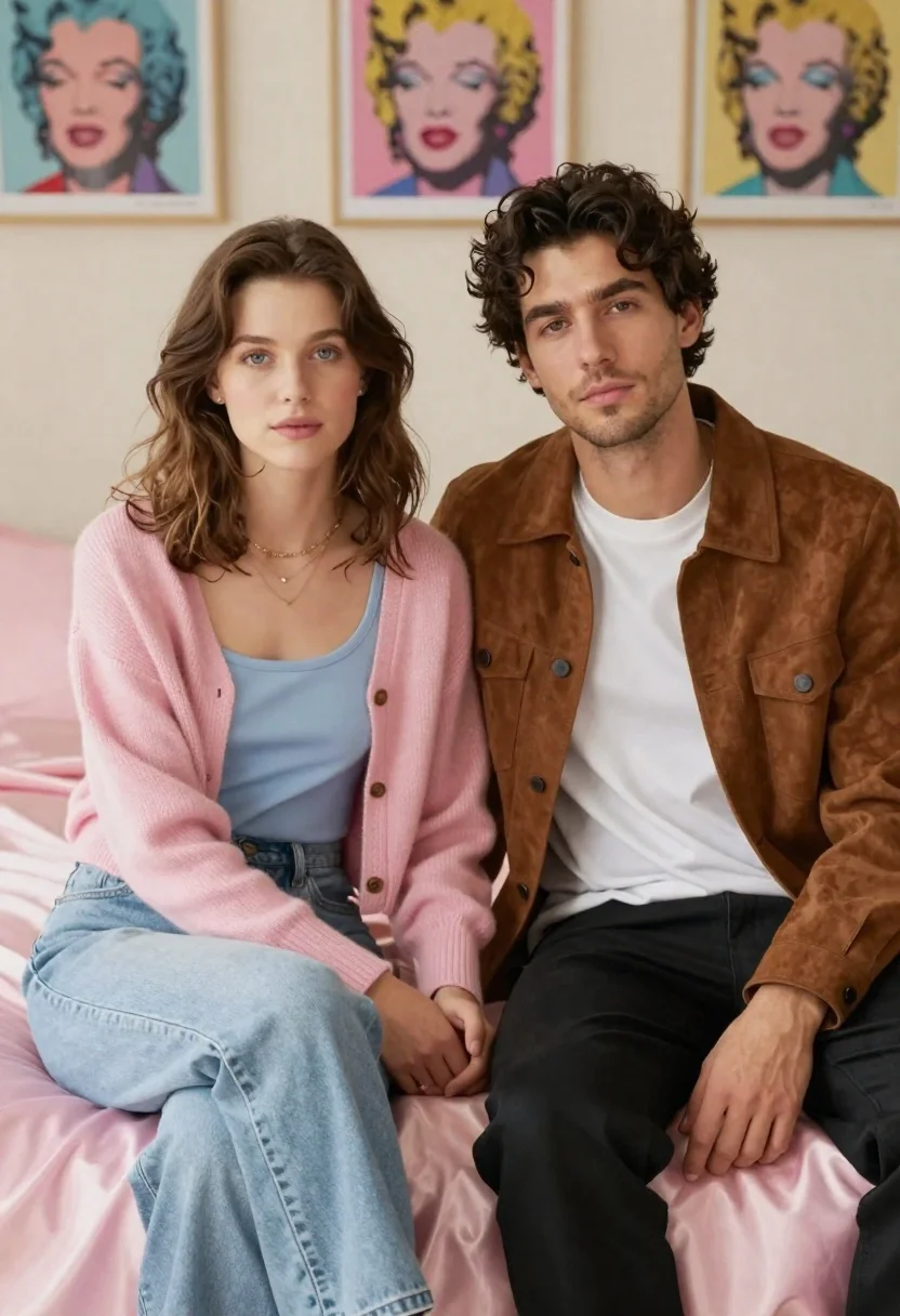 Young couple sitting on bed with pink satin sheets in bedroom - AI generated image prompt sample
