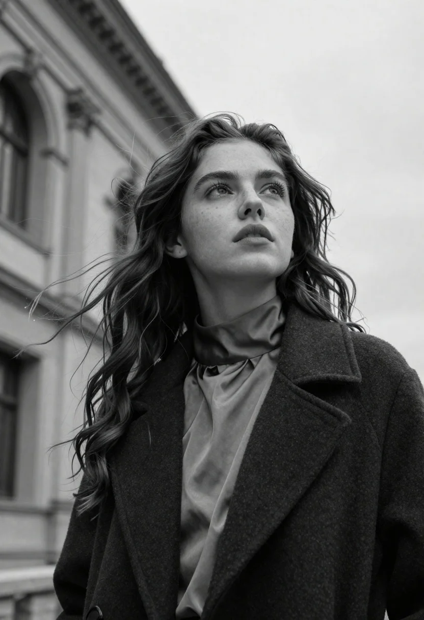Black and white portrait of woman looking up against architectural background - AI generated image prompt sample