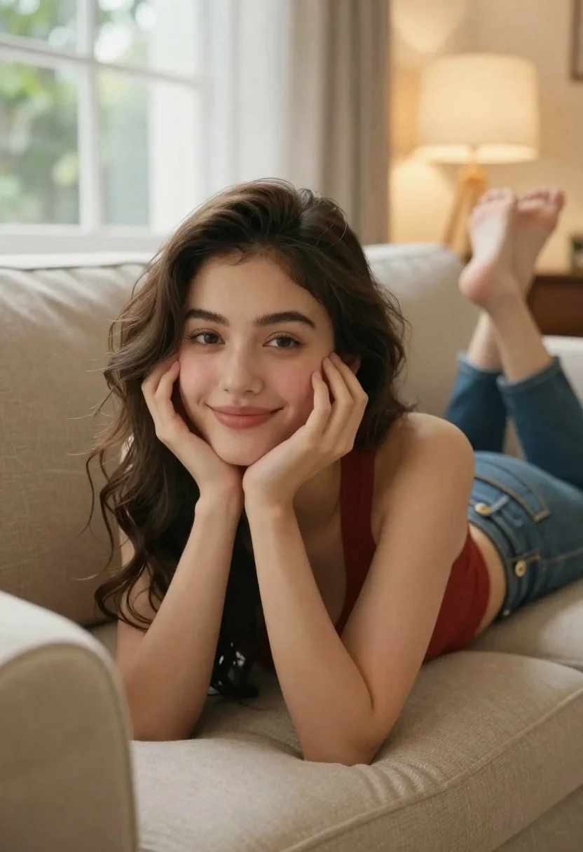 Young woman with brown hair smiling on beige sofa in cozy living - AI generated image prompt sample