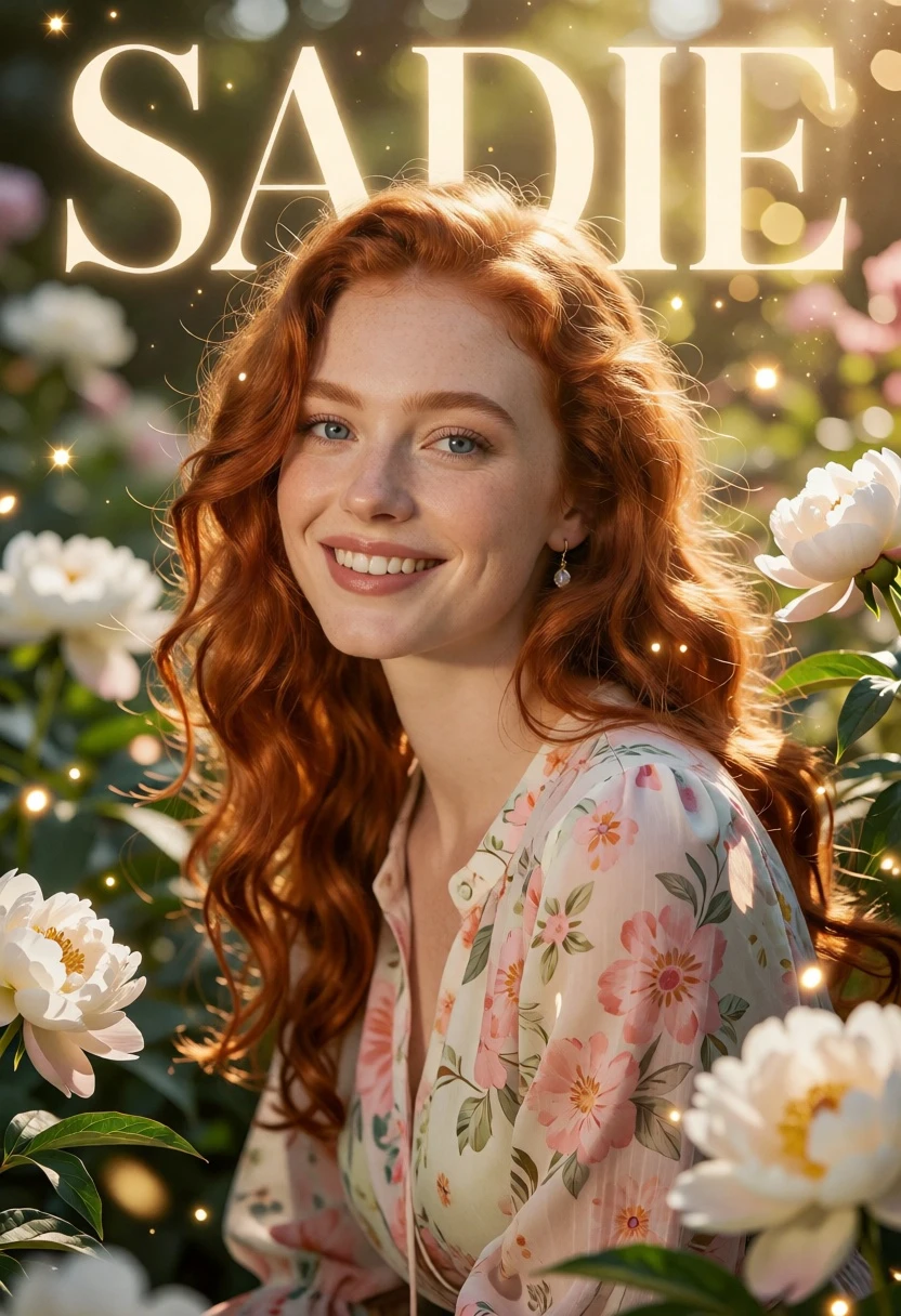 Portrait of smiling woman with red wavy hair surrounded by glowing text - AI generated image prompt sample