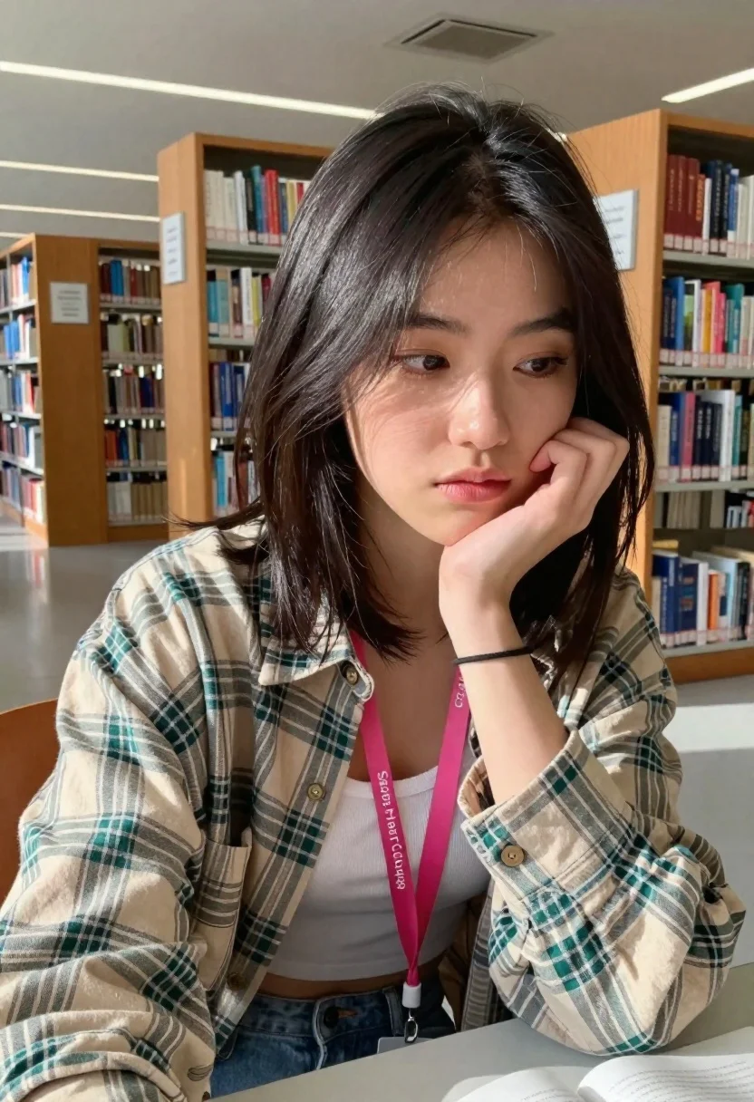 Young woman studying thoughtfully in library with plaid shirt